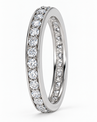 Round shared prong laboratory grown diamond look cubic zirconia eternity band in 14k white gold.
