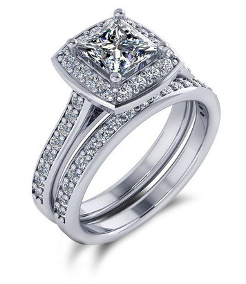 Prima 1 carat princess cut square and pave lab grown diamond look cubic zirconia cathedral style bridal set in 14k white gold.