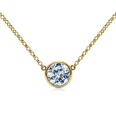 Round 1 carat single station lab grown diamond look cubic zirconia floating solitaire wire bezel necklace in 14k yellow gold.