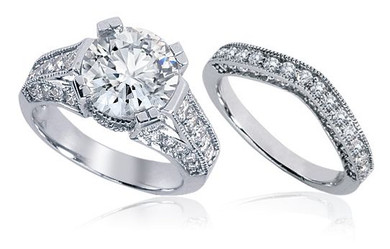 Round and Pave Set Cathedral Milgrain Bridal Set with simulated laboratory grown diamond quality cubic zirconia in 14k white gold.