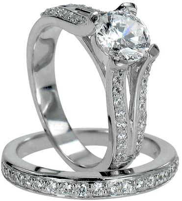 Chauncey round 1.5 carat lab grown diamond simulant cubic zirconia pave split shank bridal wedding set in 14k white gold.