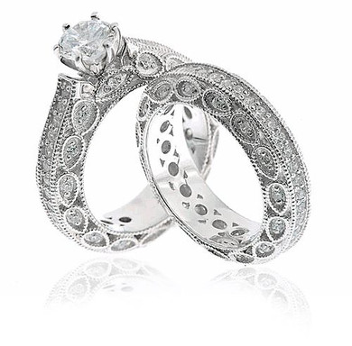 Round 1 Carat Pave Wedding Set with lab grown diamond simulant cubic zirconia in 14k white gold.