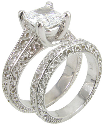 Engraved Princess Cut 1 Carat Trellis Bridal Set and Matching Band with lab grown diamond look cubic zirconia in platinum.