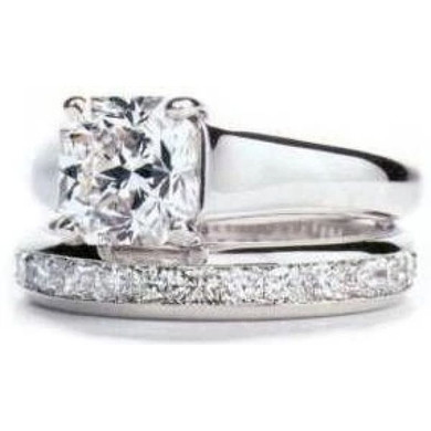 Trellis Princess Cut Solitaire and Eternity Band Bridal Set with lab grown diamond look cubic zirconia in 14k white gold.