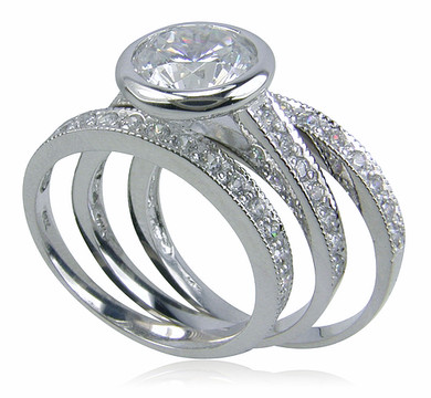 Valencia three ring bezel set round lab grown diamond look cubic zirconia and micro pave wedding set in 14k white gold.