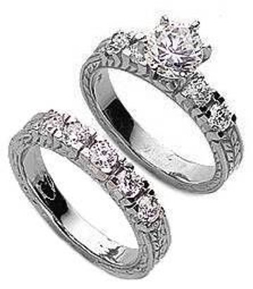 Round 1 Carat Antique Engraved Bridal Set with simulated lab grown diamond quality cubic zirconia in 14k white gold.