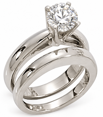 Wide 1.5 Carat Round Four Prong Cathedral Wedding Set with simulated lab grown diamond quality cubic zirconia in 14k white gold.
