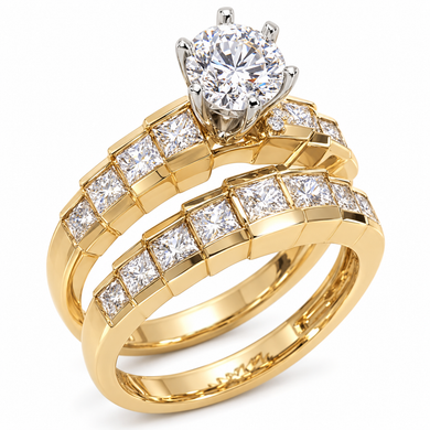 Round 1 Carat Channel Set Princess Cut Bridal Set with simulated lab grown diamond quality cubic zirconia in 14k yellow gold.