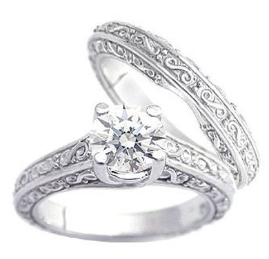 Engraved 1 Carat Round Trellis Luccia Bridal Set with lab grown diamond look cubic zirconia in 14k white gold.