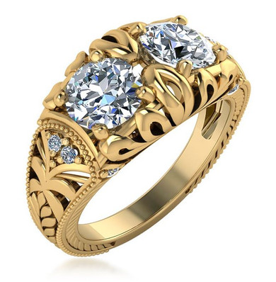 Round 1 carat each two stone lab grown diamond simulant cubic zirconia estate style engraved ring in 14k yellow gold.