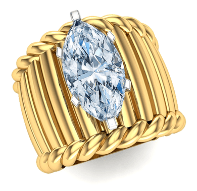 Marquise 3 carat lab created cubic zirconia fluted twisted rope style cigar band solitaire ring in 14k yellow gold.