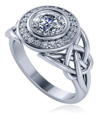 Celtic love knot 1 carat round laboratory grown diamond alternative cubic zirconia engagement ring in 14k white gold.