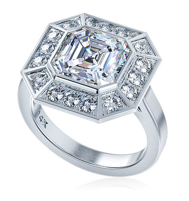 Pippa Middleton 4 carat asscher cut laboratory grown diamond alternative cubic zirconia pave halo engagement ring inspiration in 14k white gold.