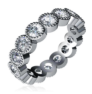 Bezel set round lab grown diamond simulant cubic zirconia beaded wedding eternity band in 14k white gold.