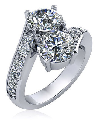 Two stone lab grown diamond alternative cubic zirconia 1.5 carat bypass couples engagement ring in 14k white gold.