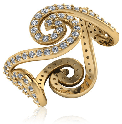 Swirled pave set round lab grown diamond quality cubic zirconia eternity wedding band in 14k gold.