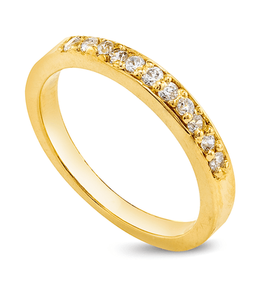 Marin round prong set lab grown diamond quality cubic zirconia anniversary band in 14k yellow gold.