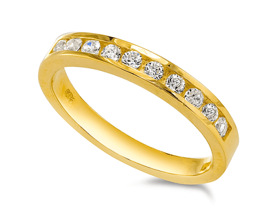 Spencer round channel set lab grown diamond simulant cubic zirconia anniversary band in 14k yellow gold.