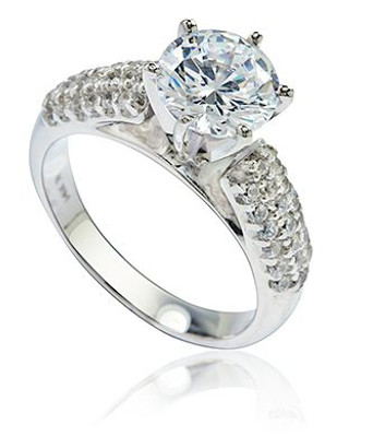 Round 2 Carat Three Row Micro Pave Solitaire with lab grown diamond look cubic zirconia in 14k white gold.