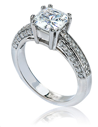 Cushion cut 1.5 carat cathedral micro pave lab grown diamond simulant cubic zirconia solitaire engagement ring in 14k white gold.