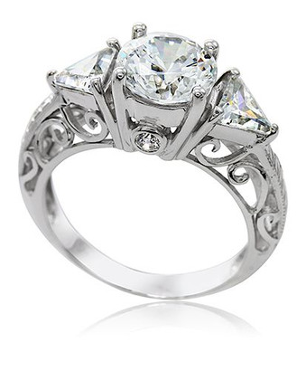 Pomeroy 1.5 carat round lab grown diamond alternative cubic zirconia trillion engraved antique estate engagement ring in 14k white gold.