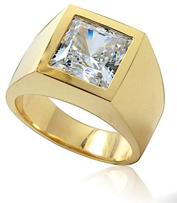 Genesis 7 Carat Princess Cut Bezel Set Mens Ring with lab grown diamond simulant cubic zirconia in 14k yellow gold.