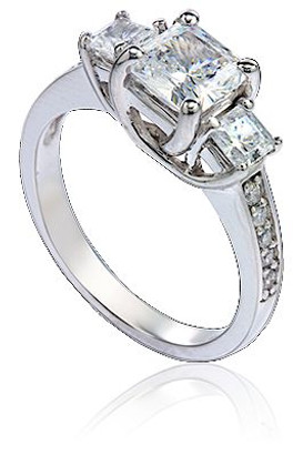 Three Stone 1 Carat Princess Cut Trellis Pave Ring with lab grown simulated diamond quality cubic zirconia in 14k white gold.