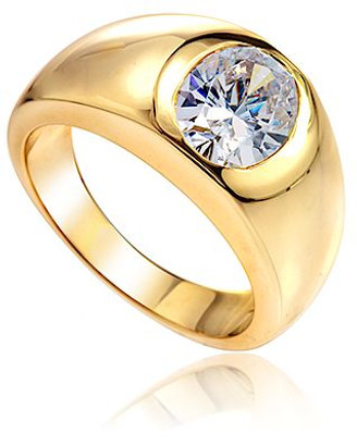 Barton Oval Gypsy Dome Bezel Set Mens Ring with simulated lab created diamond quality cubic zirconia in 14k yellow gold.