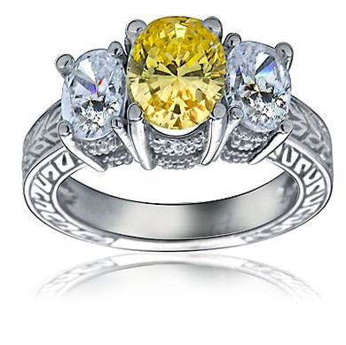 Three stone 1.5 carat oval lab grown diamond look cubic zirconia antique estate engagement ring in 14k white gold.