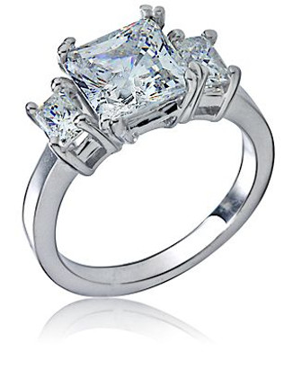 Metro 2.5 carat princess cut emerald cut lab grown diamond look cubic zirconia three stone engagement ring in 14k white gold.
