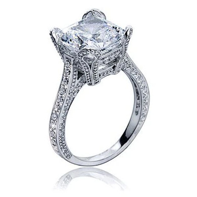 Genevia 5.5 carat lab grown diamond alternative cubic zirconia cushion cut pave engagement ring in 14k white gold.