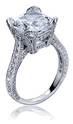 Genevia 5.5 carat lab grown diamond alternative cubic zirconia cushion cut pave engagement ring in 14k white gold.