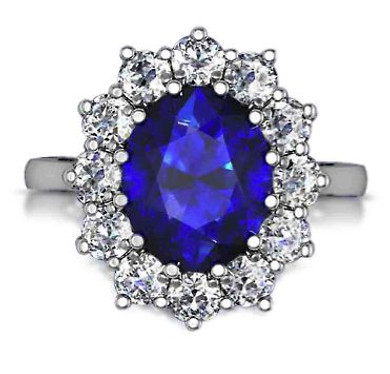 Kate Middleton engagement ring 5.5 ct. oval center man made sapphire with finest quality lab grown diamond look cubic zirconia in 14k white gold.
