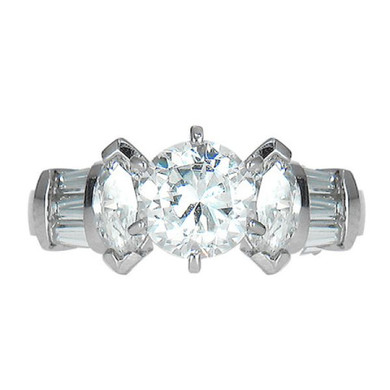 Round marquise and channel set baguette lab grown diamond look cubic zirconia solitaire engagement ring in 14k white gold.