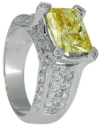 Emerald radiant cut 4 carat canary lab grown diamond simulant cubic zirconia pave solitaire engagement ring in 14k white gold.