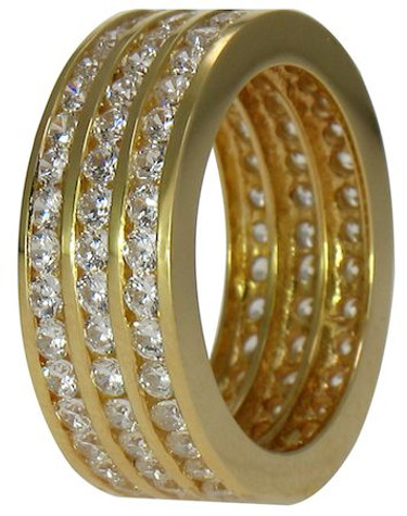 Three row channel set round eternity wedding band with lab grown diamond quality cubic zirconia in 14k yellow gold.