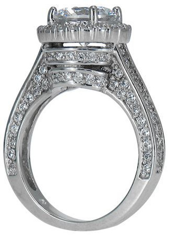 Round 2 Carat Halo Cathedral Solitaire with lab grown diamond alternative cubic zirconia in platinum.