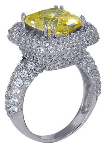 Collette cushion cut canary 5.5 carat lab grown cubic zirconia pave encrusted halo ring in 14k white gold.