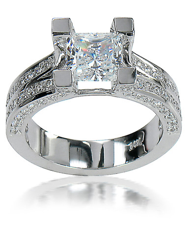 Kendall 1.5 carat princess cut and pave set round laboratory grown diamond look cubic zirconia solitaire engagement ring in 14k white gold.