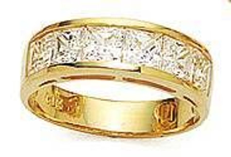 Channel set 3 carat princess cut lab grown diamond simulant cubic zirconia anniversary wedding band in 14k yellow gold.