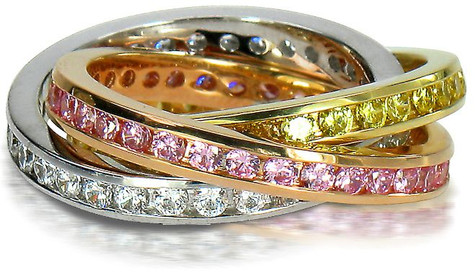 Rolling ring, trinity ring and Russian wedding rings with channel set round lab grown diamond simulant cubic zirconia in 14k tri-color gold.