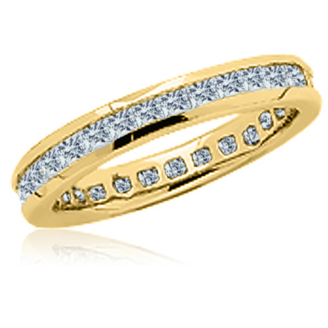 Small channel set princess cut lab grown diamond simulant cubic zirconia eternity band in 14k yellow gold.