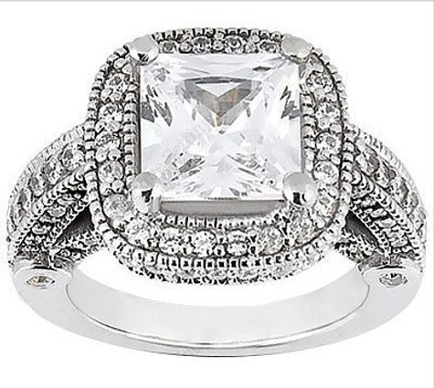 Legend 2.5 Carat Princess Cut Lab Grown Diamond Alternative Cubic Zirconia Pave Halo Cathedral Solitaire Engagement Ring