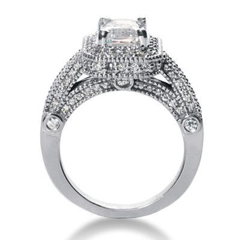 Legend .75 Carat Emerald Cut Lab Grown Diamond Alternative Cubic Zirconia Pave Halo Cathedral Solitaire Engagement Ring