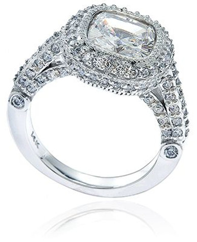 Legend 4 Carat Cushion Cut Lab Grown Diamond Alternative Cubic Zirconia Pave Halo Solitaire Engagement Ring