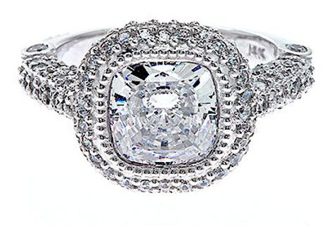 Legend 4 Carat Cushion Cut Lab Grown Diamond Simulant Cubic Zirconia Pave Halo Solitaire Engagement Ring