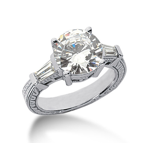 Antique estate style engraved 3 carat round and baguette lab grown diamond simulant cubic zirconia engagement ring in 14k white gold.