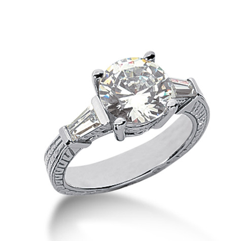 Antique estate style engraved 2.5 carat round and baguette lab grown diamond simulant cubic zirconia engagement ring in 14k white gold.