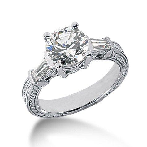 Antique estate style engraved 2 carat round and baguette lab created cubic zirconia engagement ring in 14k white gold.