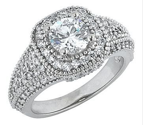 Quintana 1.5 carat 7.5mm round lab grown diamond look cubic zirconia halo pave engagement ring in 18k white gold.